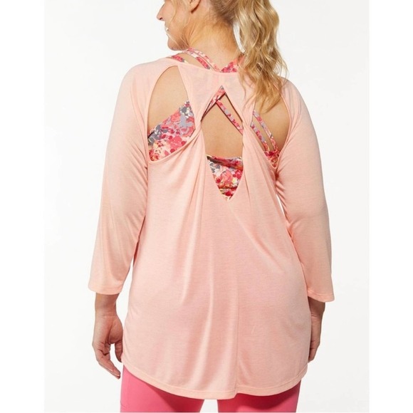 CATO Active womens sz 26/28W activewear top floral peach 3/4 sleeves cutout back - Picture 4 of 14
